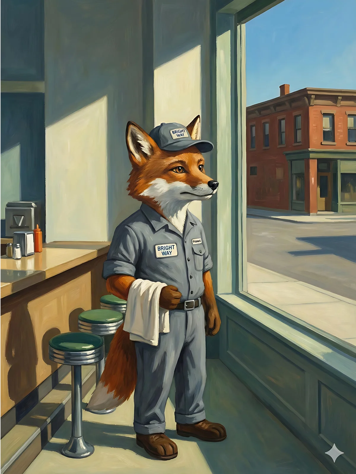 Frankie the fox in an Edward Hopper scene