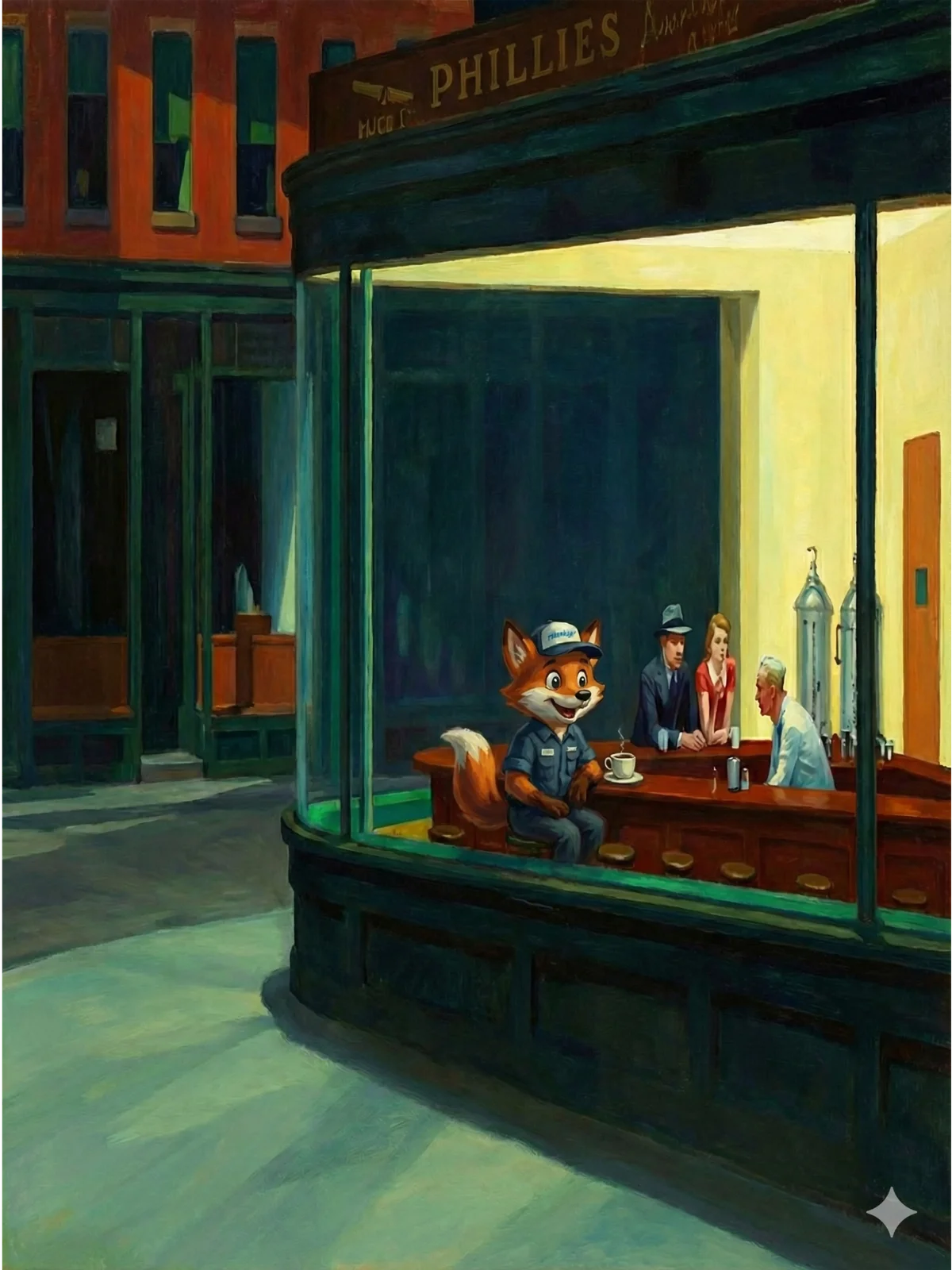 Frankie the fox at Nighthawks by Edward Hopper