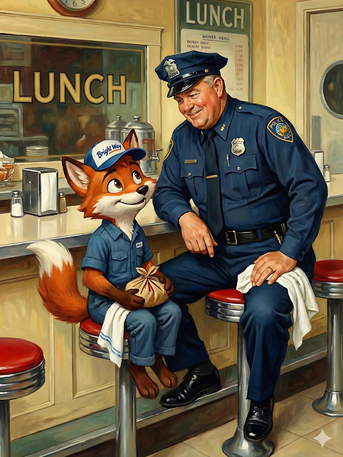 Frankie the fox in a Norman Rockwell scene
