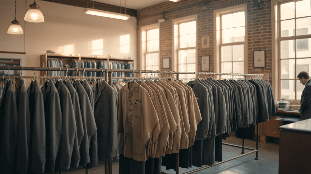 Inside the Bright Way Uniforms shop in Mount Holly — long racks of freshly pressed uniforms in a sunlit, brick-walled space
