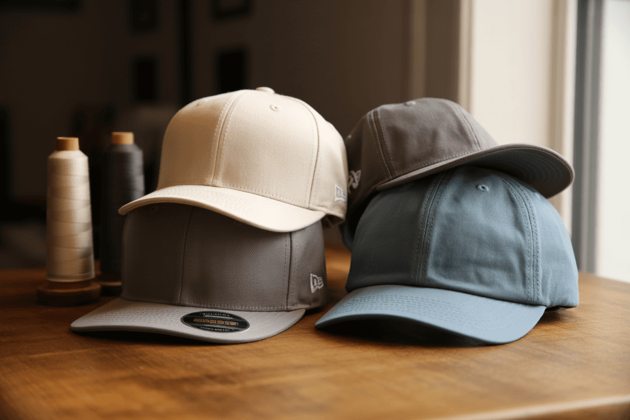 Premium blank baseball caps in cream, charcoal, and sky-blue arranged on a warm wooden surface