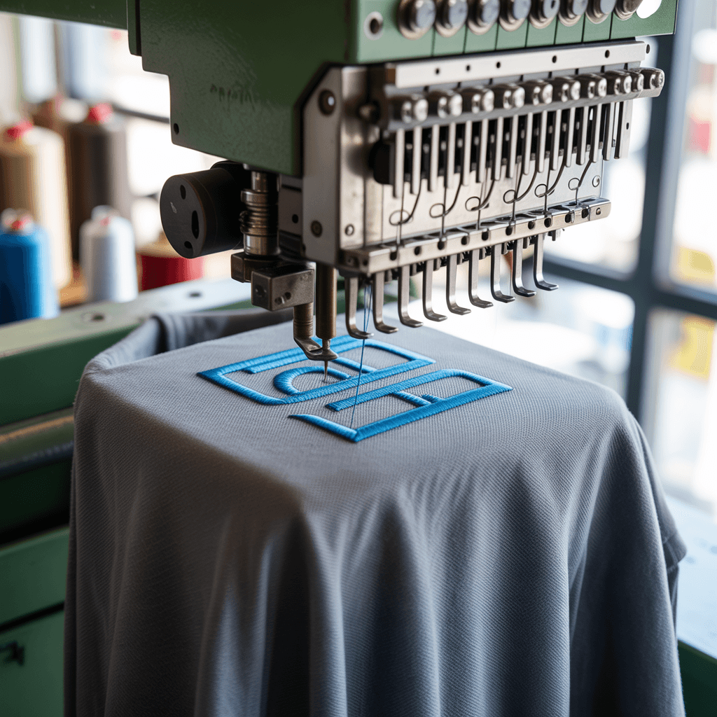 Embroidery machine stitching a logo on a charcoal polo